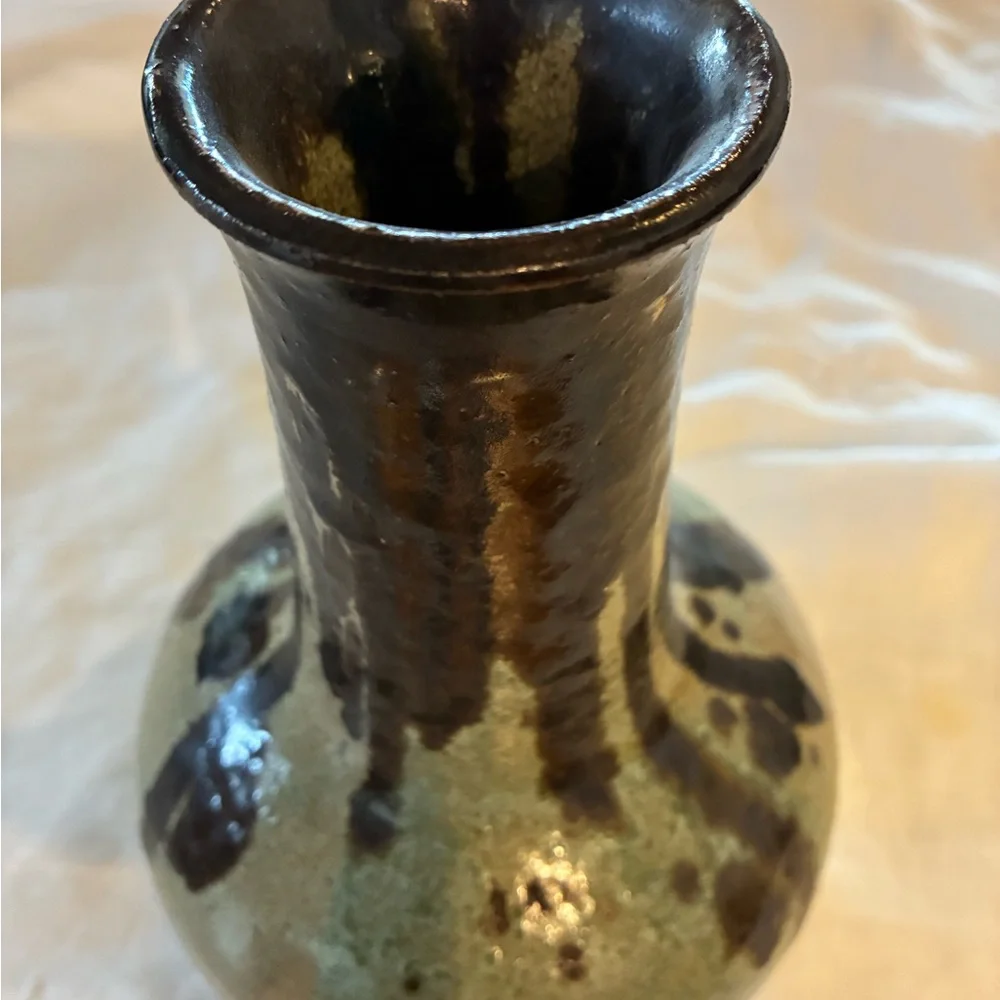 Ceramic Vase Vtg Brown Green Tan Drip Glaze Very Heavy 4.6LBS No Flaws Felt Feet